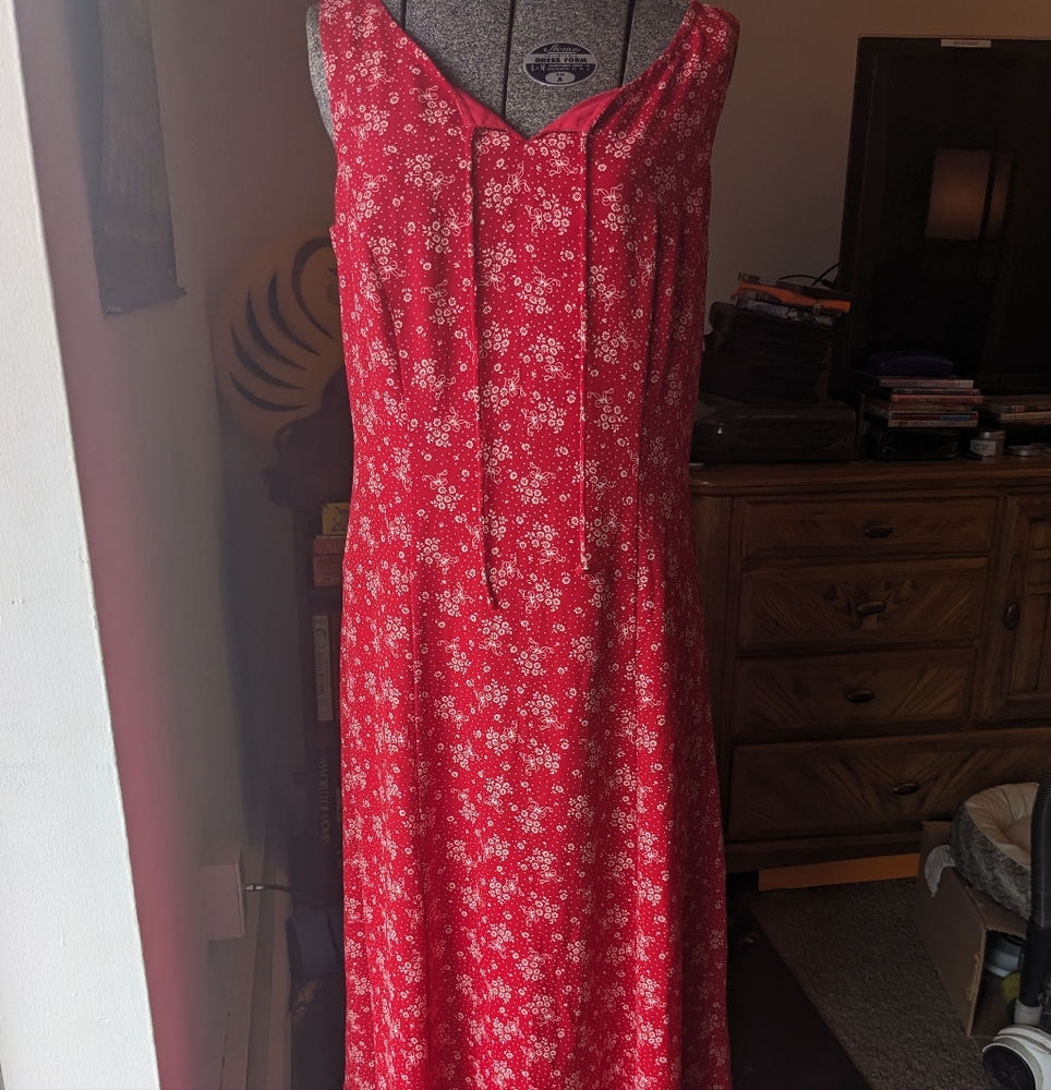Vintage 90s Sheri Martin New York shift dress midi maxi floral red retro dress